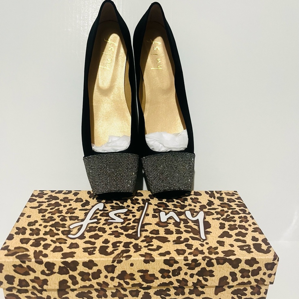 Fs/NY (French Sole New York) Black Suede Ballet Flats with Glitter  Toe Cap.